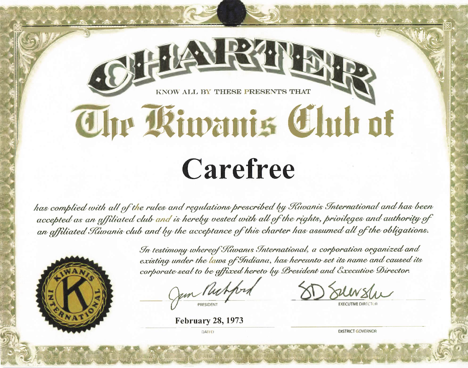Kiwanis Charter Certificate